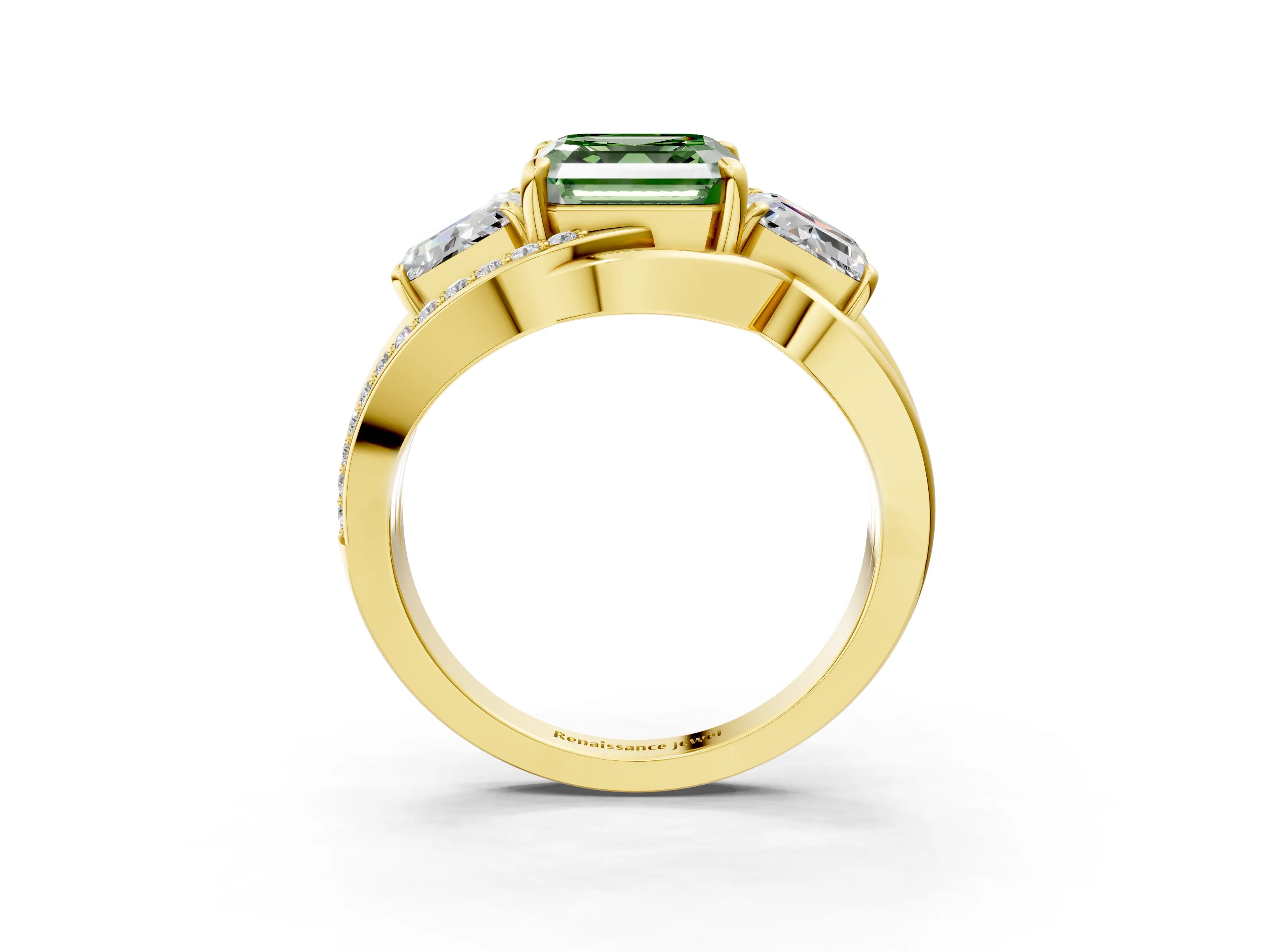 Yellow gold Three-Stone Fancy Green Asscher Cut Cut Diamond Split Shank Prong Set Ring_3