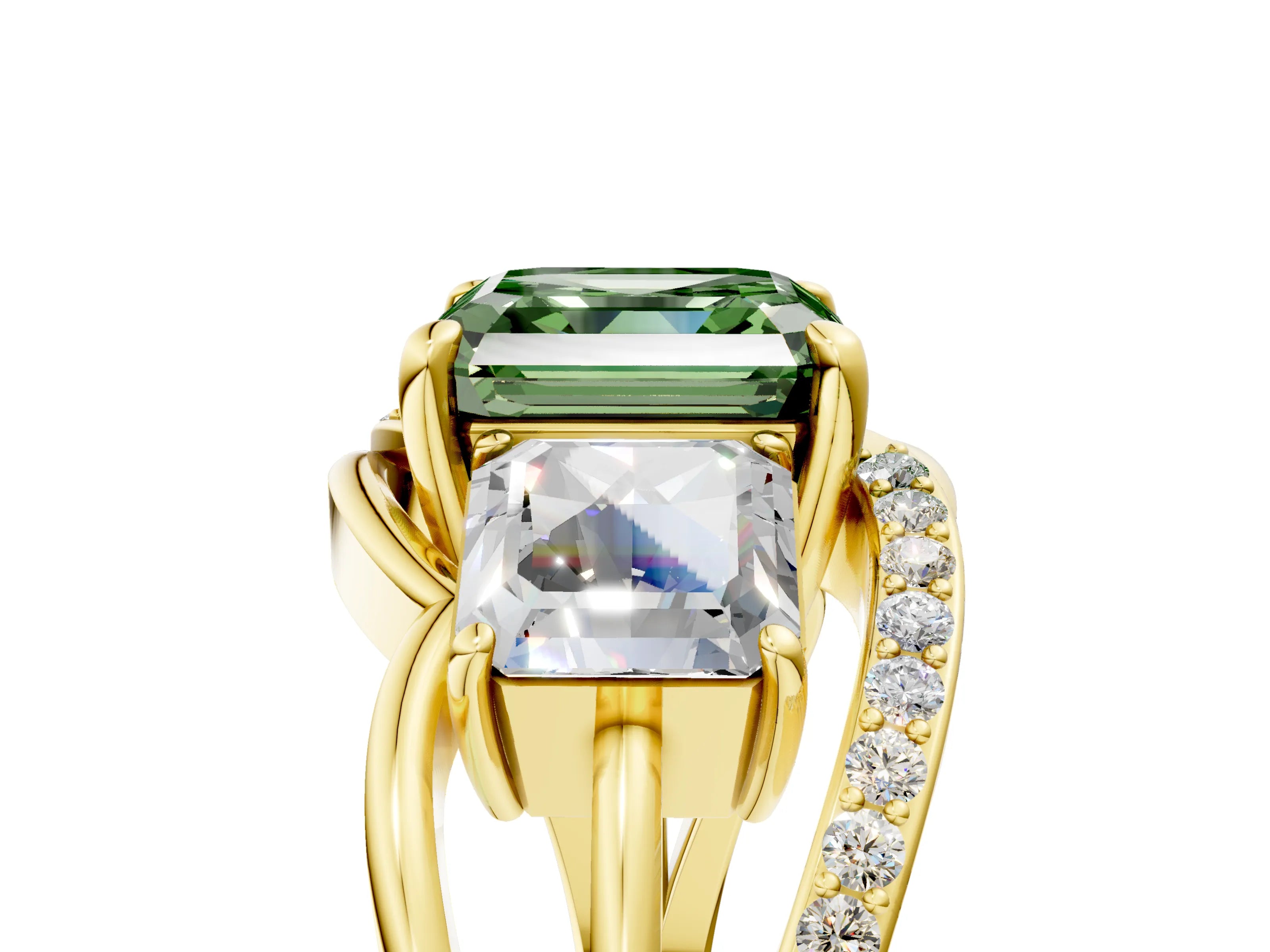Yellow gold Three-Stone Fancy Green Asscher Cut Cut Diamond Split Shank Prong Set Ring_5