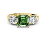 Yellow gold Three-Stone Fancy Green Asscher Cut Cut Milgrain Band Prong Setting Ring