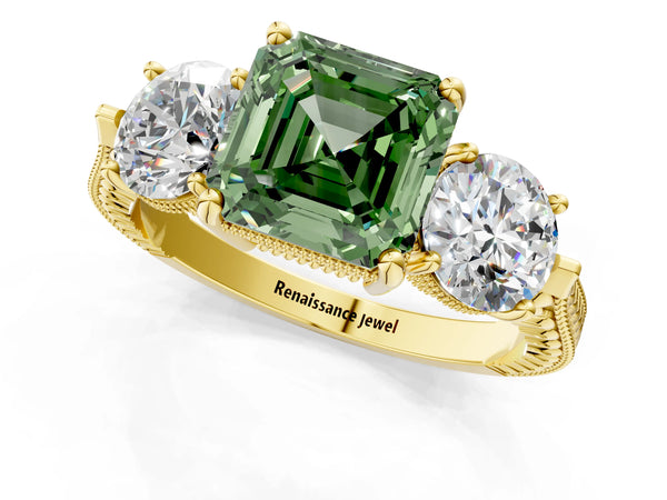 Yellow Gold Asscher Cut Vintage Three Stone Engagement Ring Setting for Fancy Green Center