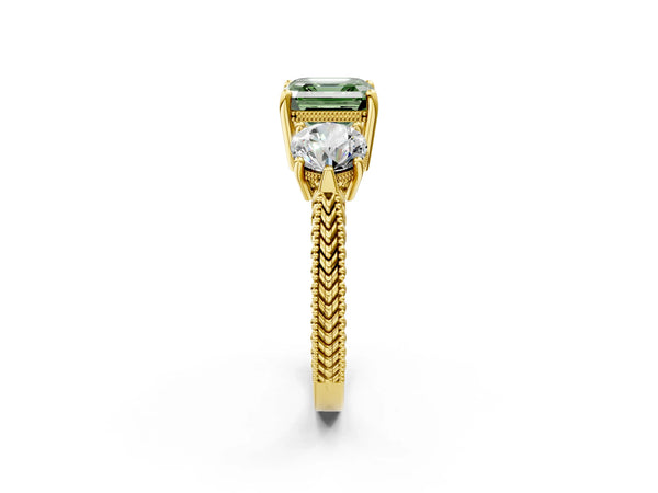 Yellow Gold Asscher Cut Vintage Three Stone Engagement Ring Setting for Fancy Green Center