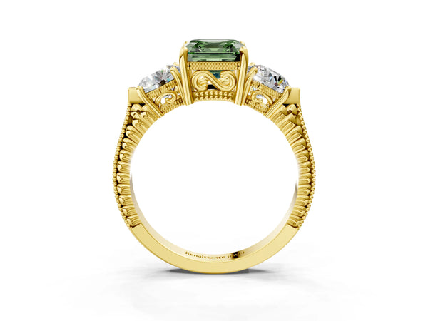 Yellow Gold Asscher Cut Vintage Three Stone Engagement Ring Setting for Fancy Green Center