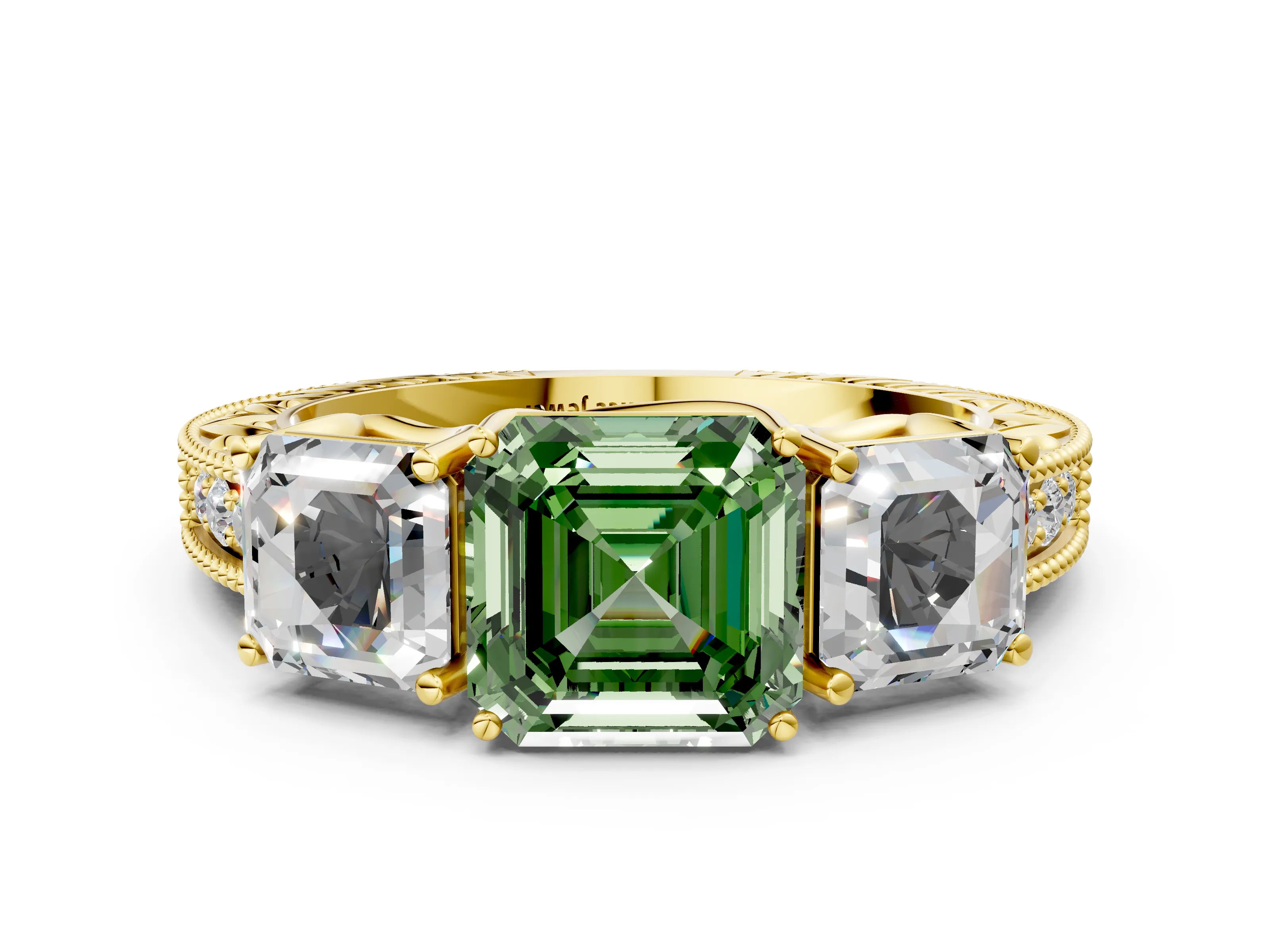 Yellow gold Three-Stone Fancy Green Asscher Cut Cut Milgrain Pavé Engagement Ring