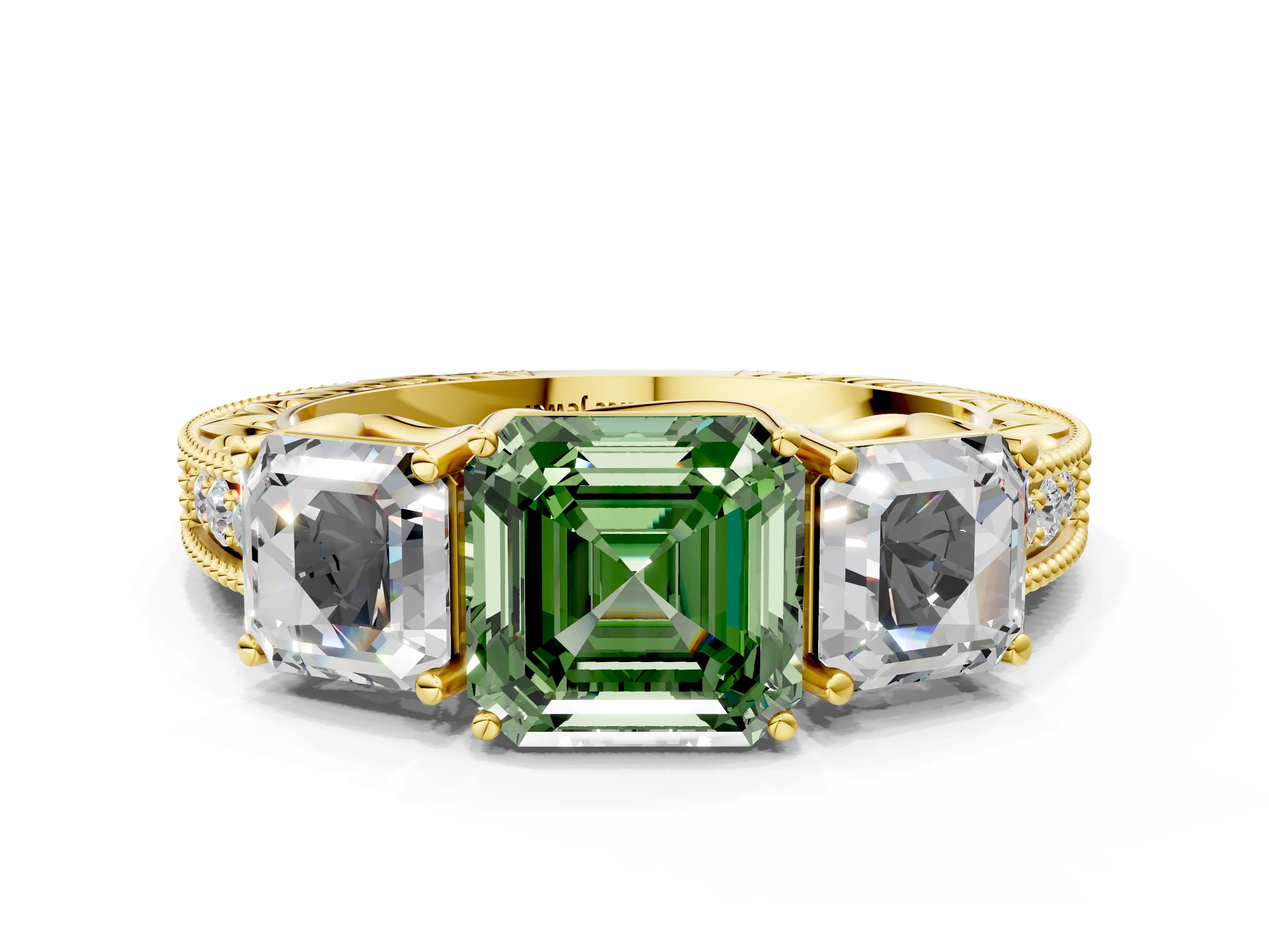 Yellow gold Three-Stone Fancy Green Asscher Cut Cut Milgrain Pavé Engagement Ring_12