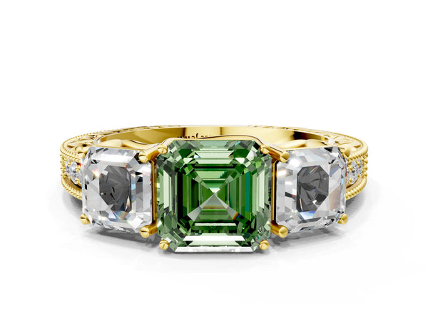 Yellow Gold Asscher Cut Engraved Three Stone Engagement Ring Setting for Fancy Green Center