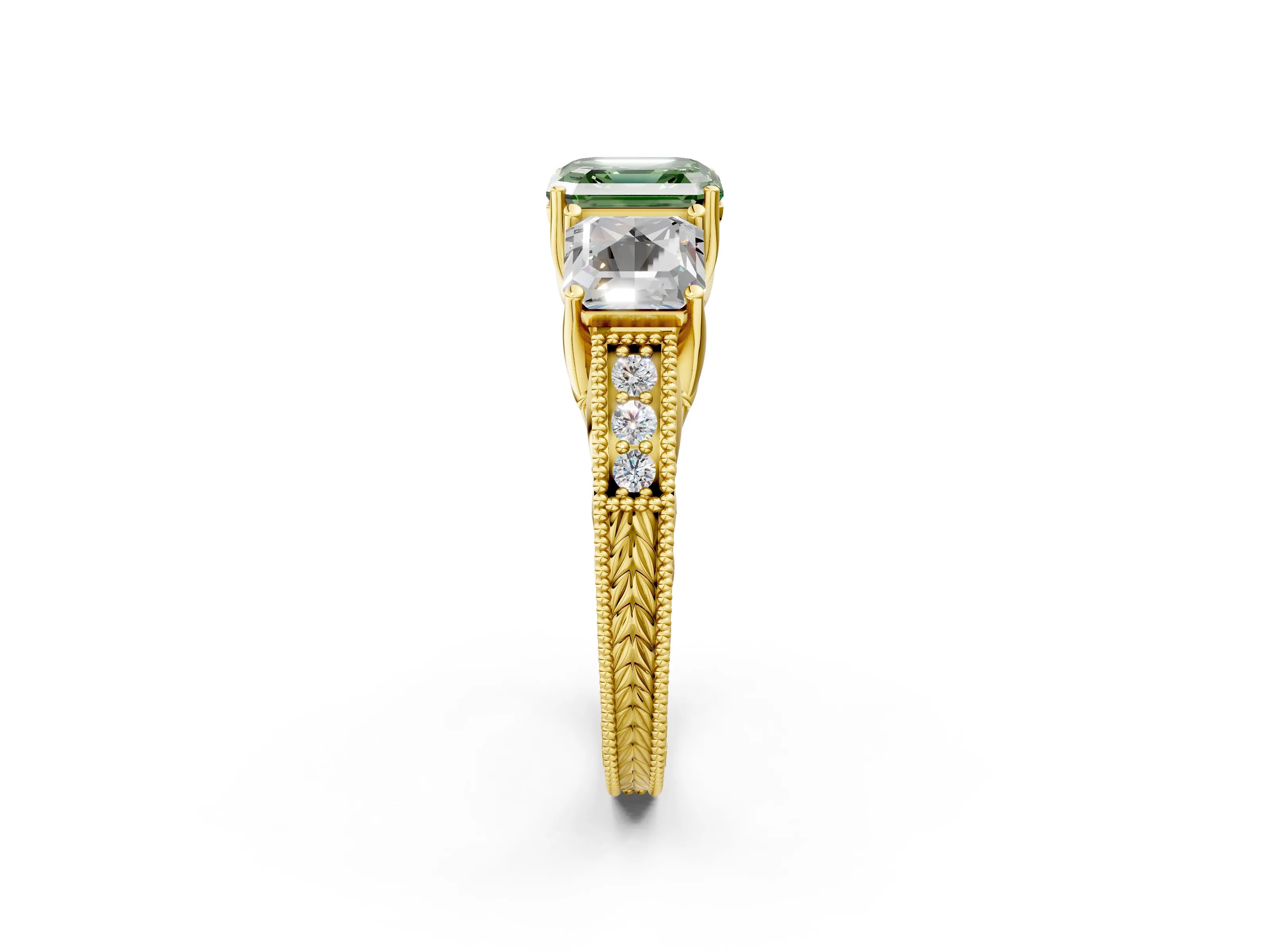 Yellow gold Three-Stone Fancy Green Asscher Cut Cut Milgrain Pavé Engagement Ring_14