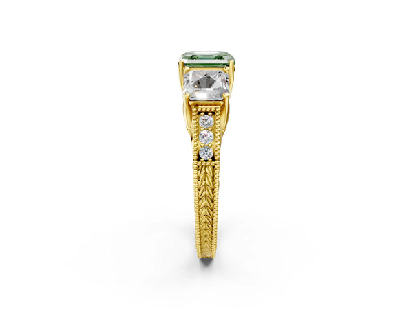 Yellow Gold Asscher Cut Engraved Three Stone Engagement Ring Setting for Fancy Green Center