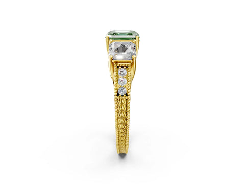 Yellow gold Three-Stone Fancy Green Asscher Cut Cut Milgrain Pavé Engagement Ring_14