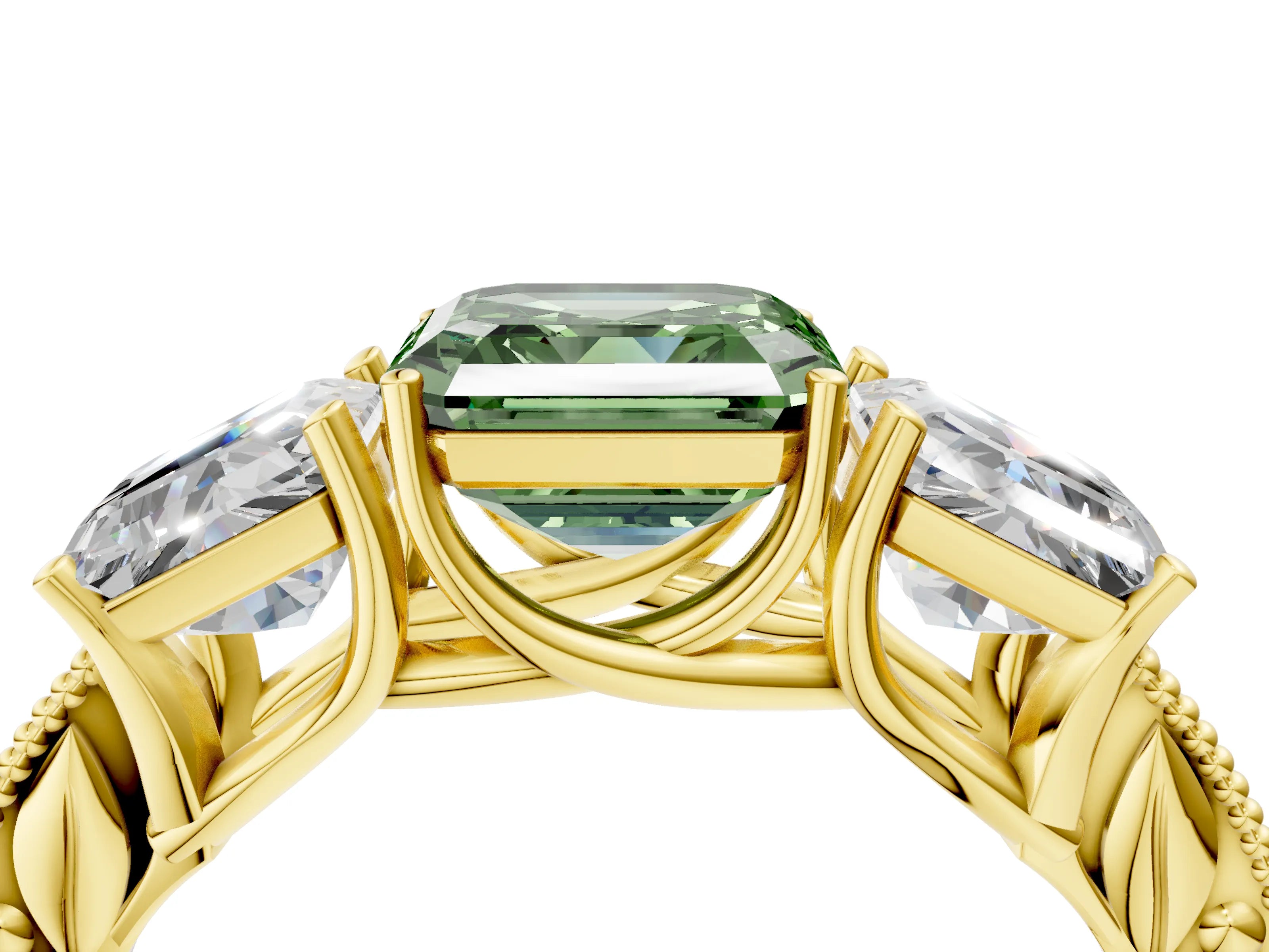 Yellow gold Three-Stone Fancy Green Asscher Cut Cut Milgrain Pavé Engagement Ring_16