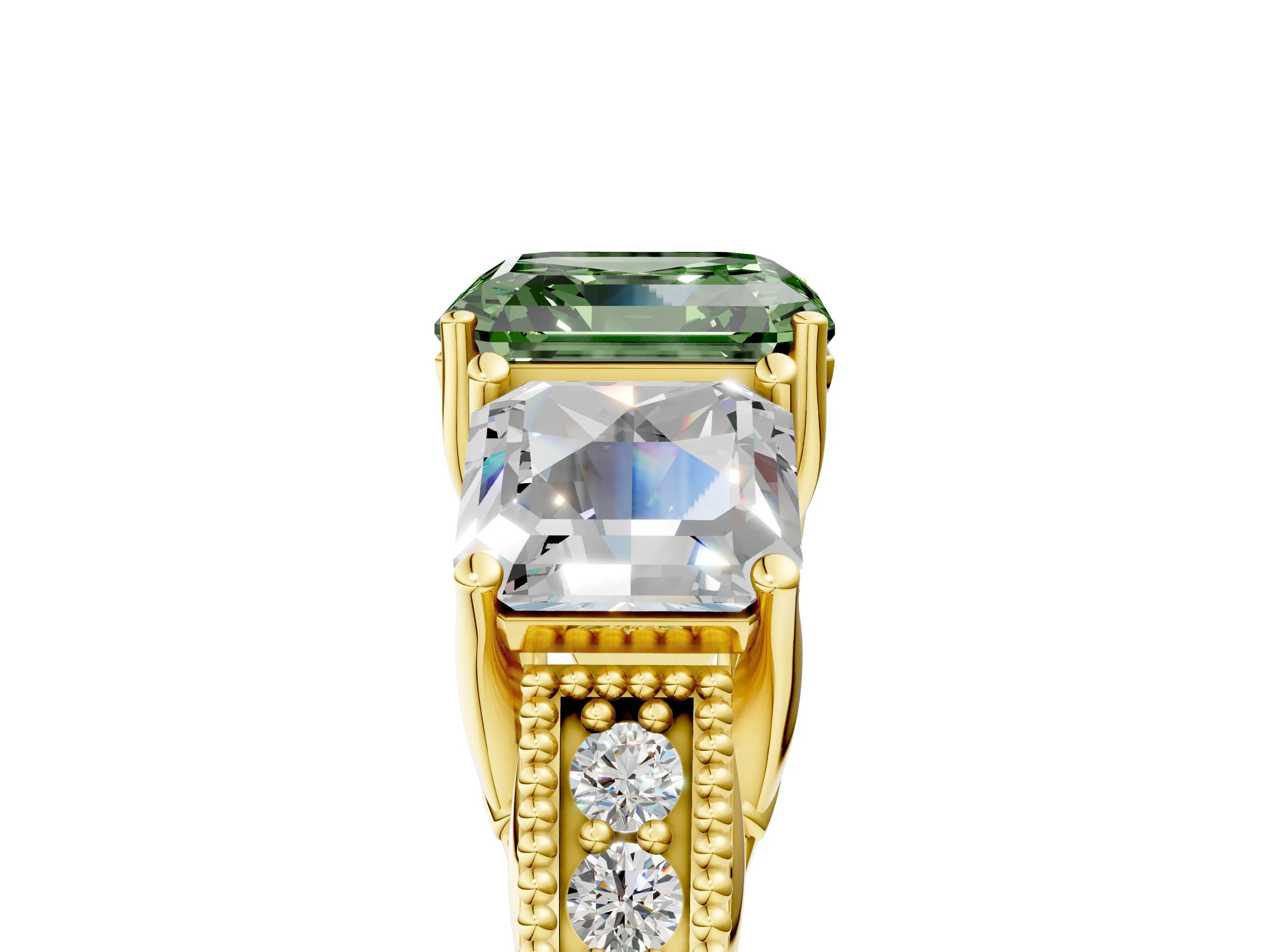 Yellow gold Three-Stone Fancy Green Asscher Cut Cut Milgrain Pavé Engagement Ring_17