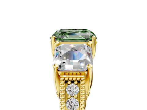 Yellow gold Three-Stone Fancy Green Asscher Cut Cut Milgrain Pavé Engagement Ring_17