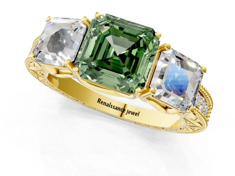 Yellow gold Three-Stone Fancy Green Asscher Cut Cut Milgrain Pavé Engagement Ring_1