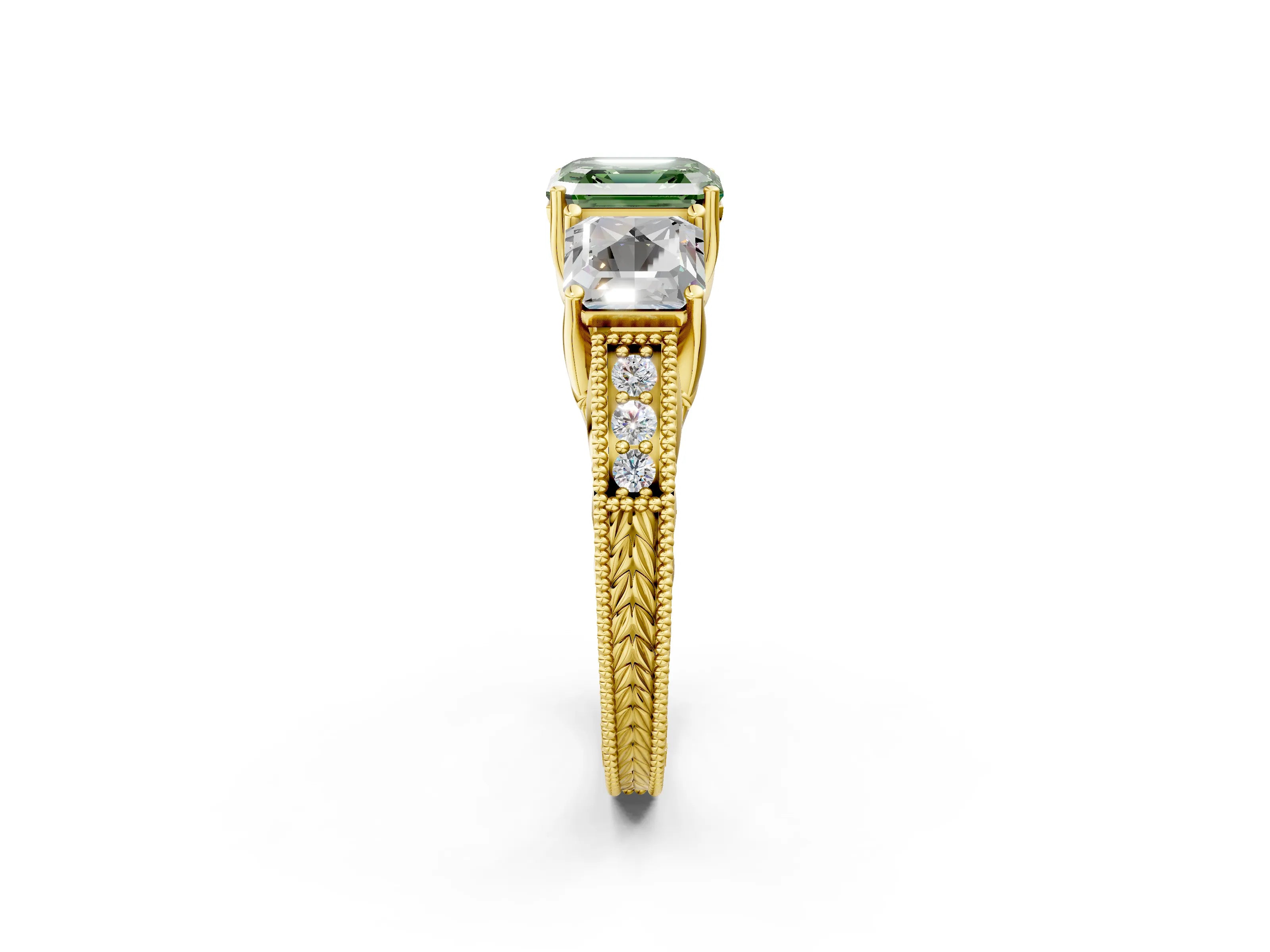 Yellow gold Three-Stone Fancy Green Asscher Cut Cut Milgrain Pavé Engagement Ring_2