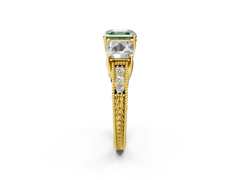 Yellow gold Three-Stone Fancy Green Asscher Cut Cut Milgrain Pavé Engagement Ring_2