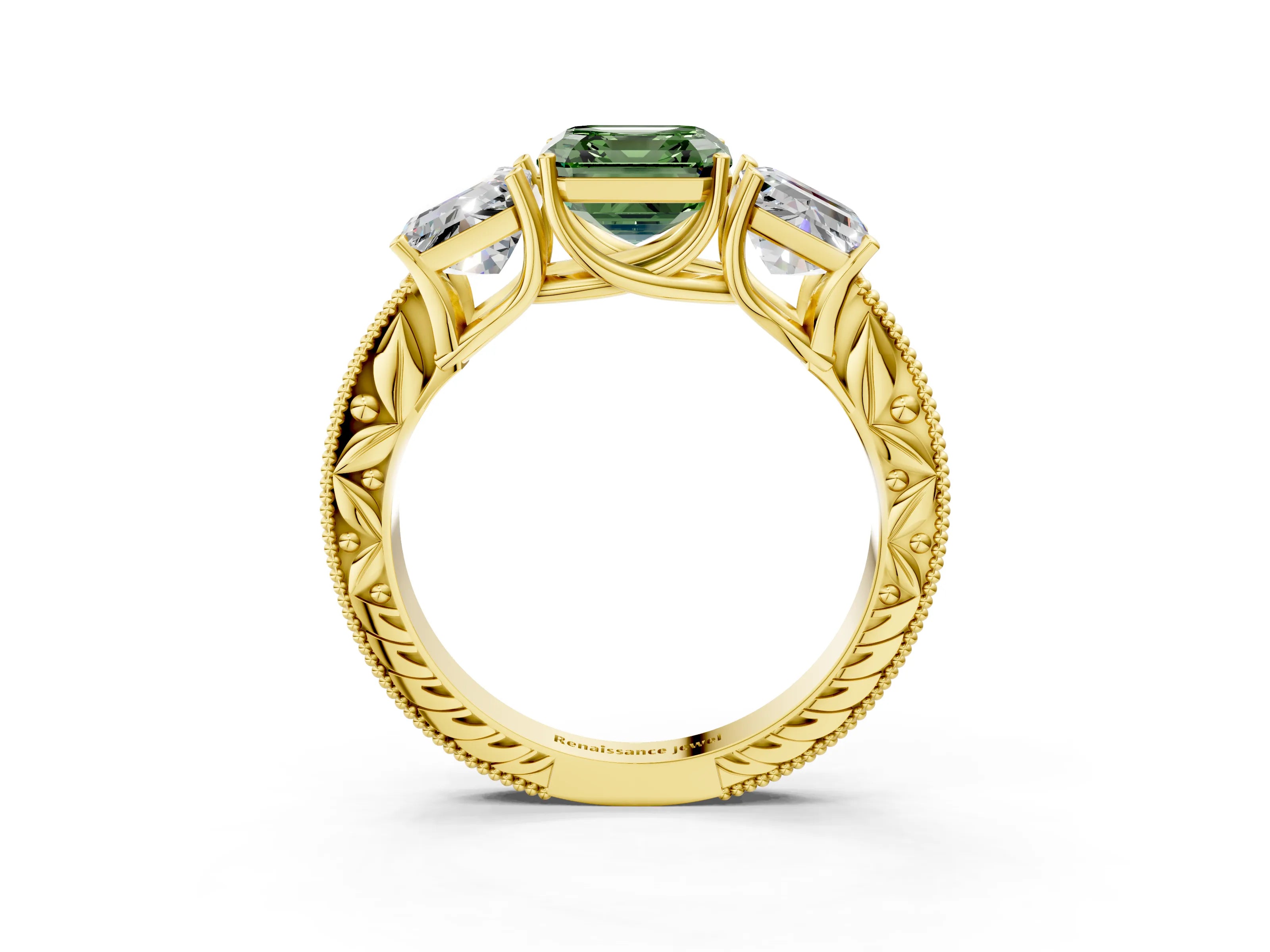 Yellow gold Three-Stone Fancy Green Asscher Cut Cut Milgrain Pavé Engagement Ring_3