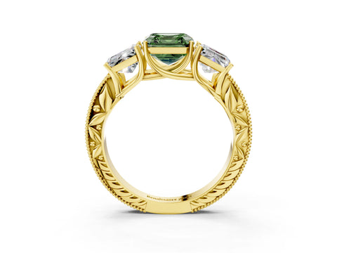 Yellow gold Three-Stone Fancy Green Asscher Cut Cut Milgrain Pavé Engagement Ring_3