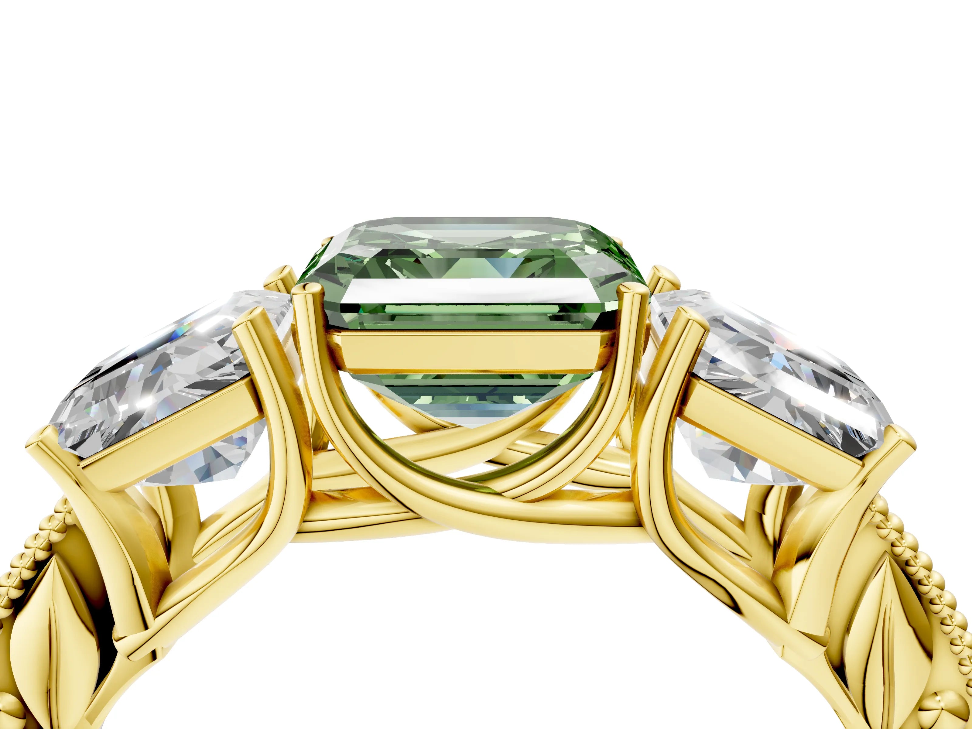 Yellow gold Three-Stone Fancy Green Asscher Cut Cut Milgrain Pavé Engagement Ring_4