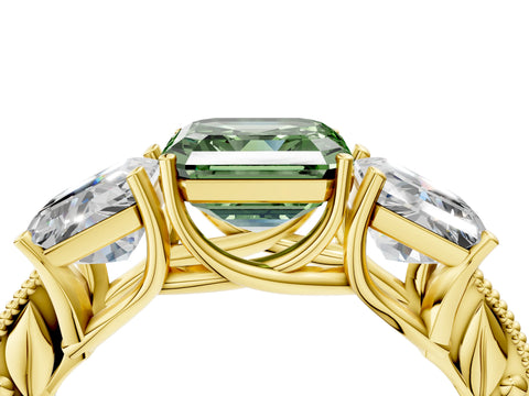 Yellow gold Three-Stone Fancy Green Asscher Cut Cut Milgrain Pavé Engagement Ring_4