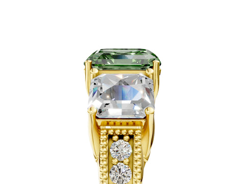 Yellow gold Three-Stone Fancy Green Asscher Cut Cut Milgrain Pavé Engagement Ring_5