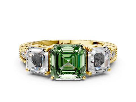 Yellow gold Three-Stone Fancy Green Asscher Cut Cut Milgrain Pavé Engagement Ring
