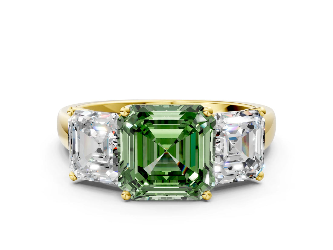 Yellow gold Three-Stone Fancy Green Asscher Cut Cut Solitaire Ring with Classic Prong Setting