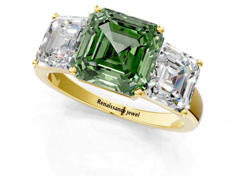 Yellow gold Three-Stone Fancy Green Asscher Cut Cut Solitaire Ring with Classic Prong Setting_1
