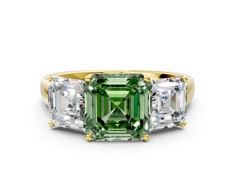Yellow gold Three-Stone Fancy Green Asscher Cut Cut Solitaire Ring with Classic Prong Setting