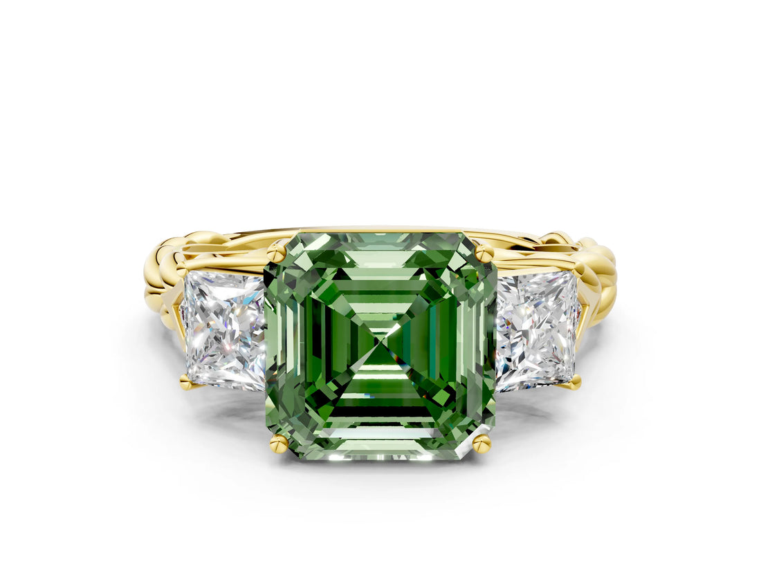 Yellow gold Three-Stone Fancy Green Asscher Cut Diamond Braided Band Ring with Four-Prong Setting_50