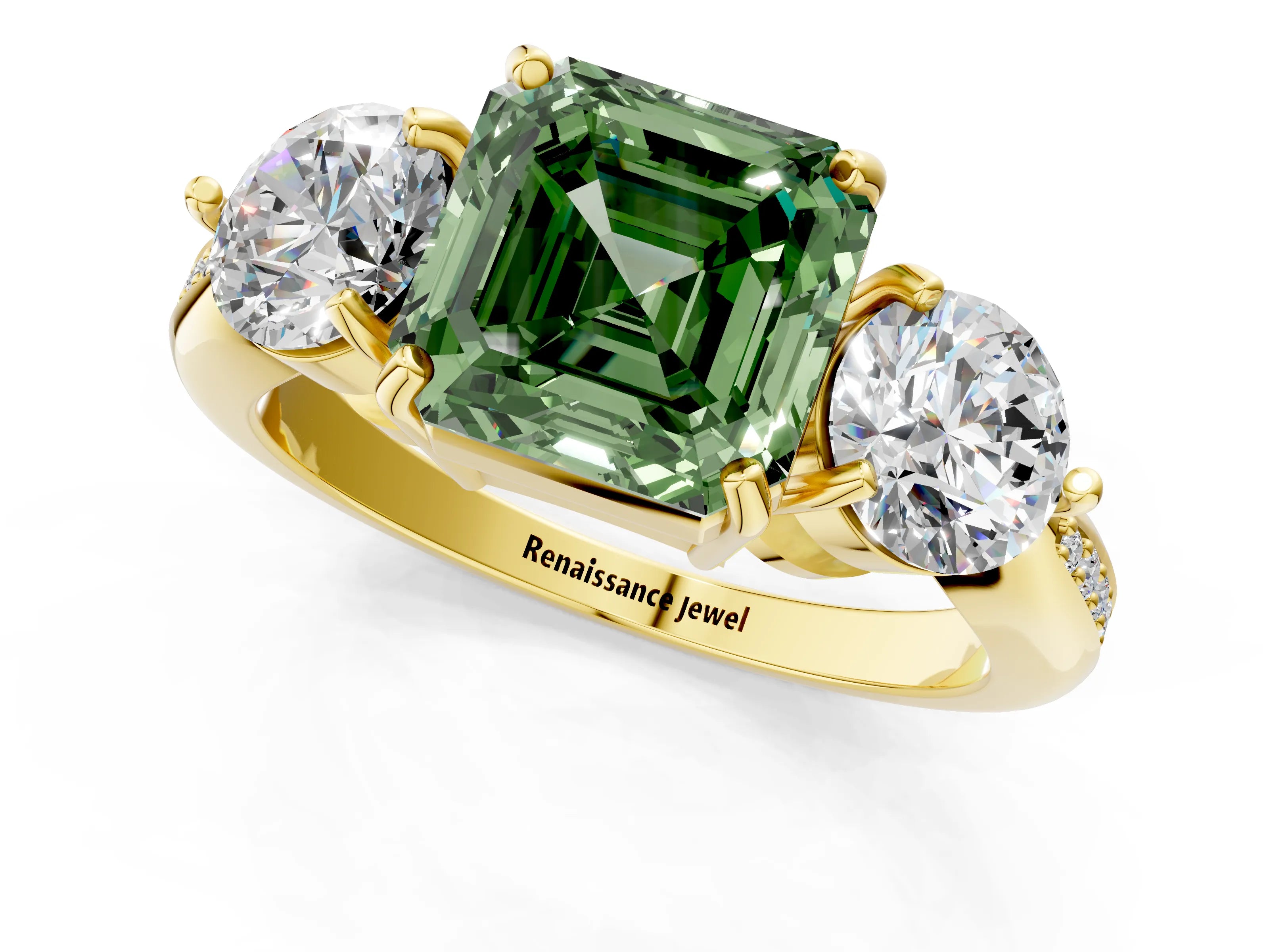 Yellow gold Three-Stone Fancy Green Asscher Cut Diamond Channel Set Engagement Ring with Prong Setting_1