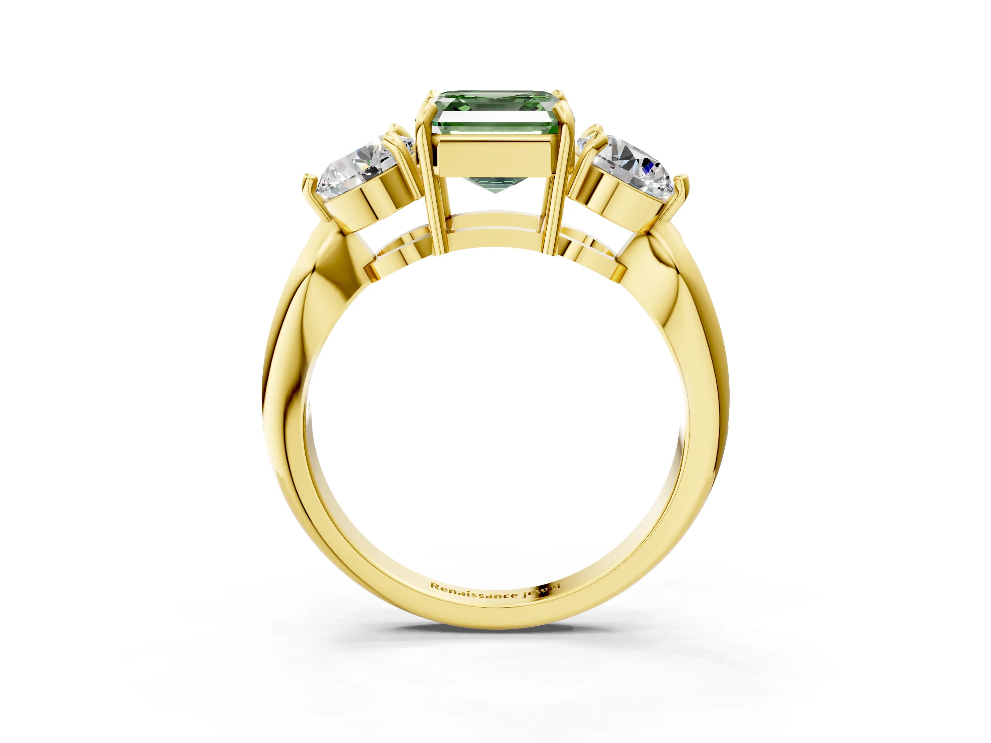 Yellow gold Three-Stone Fancy Green Asscher Cut Diamond Channel Set Engagement Ring with Prong Setting_15