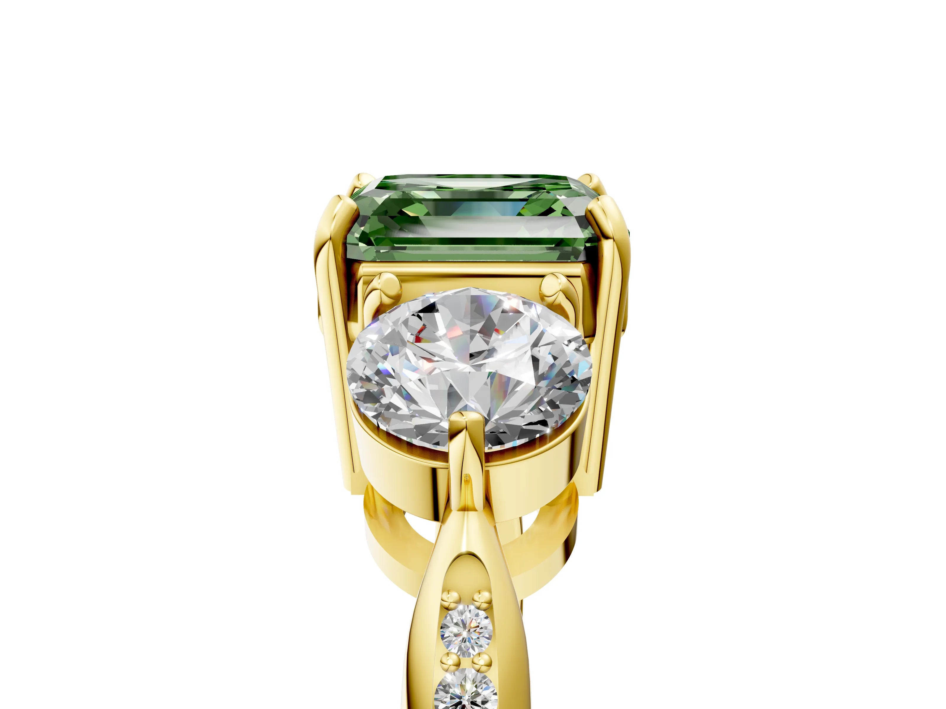 Yellow gold Three-Stone Fancy Green Asscher Cut Diamond Channel Set Engagement Ring with Prong Setting_17