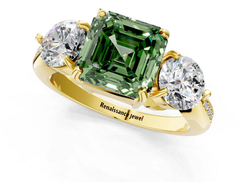 Yellow gold Three-Stone Fancy Green Asscher Cut Diamond Channel Set Engagement Ring with Prong Setting_1