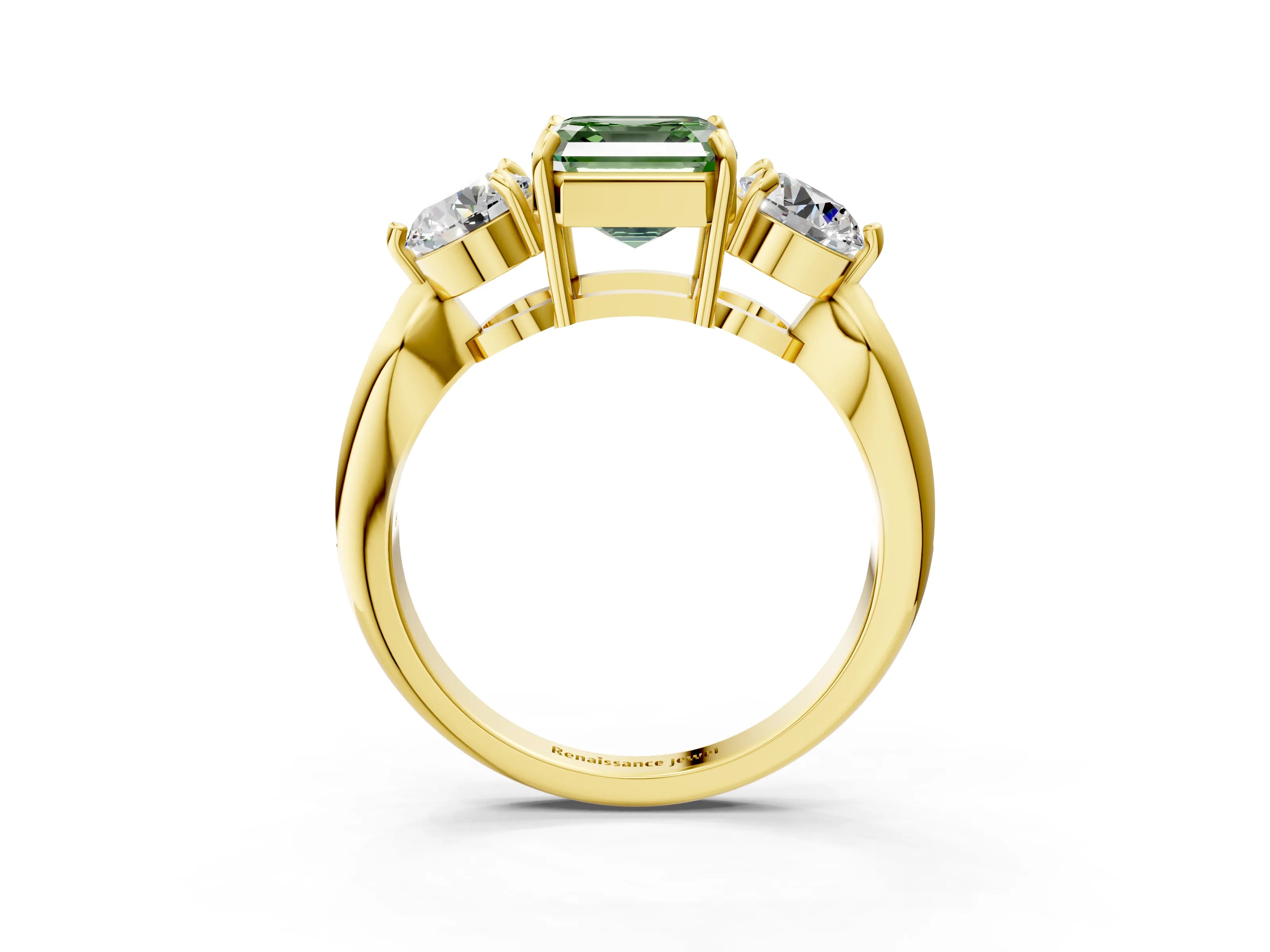 Yellow gold Three-Stone Fancy Green Asscher Cut Diamond Channel Set Engagement Ring with Prong Setting_3