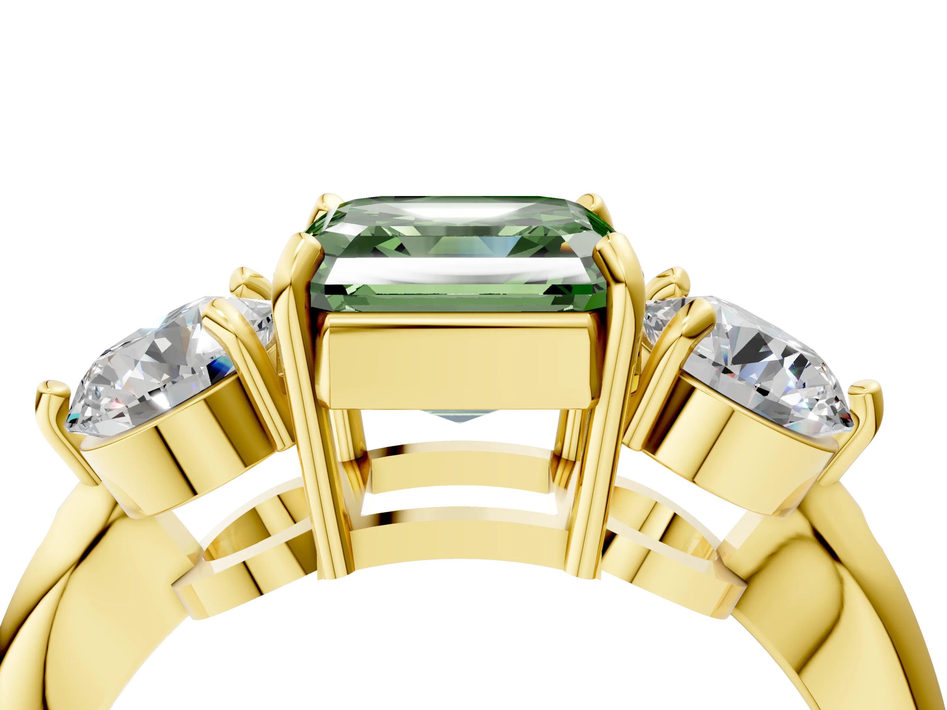 Yellow gold Three-Stone Fancy Green Asscher Cut Diamond Channel Set Engagement Ring with Prong Setting_4