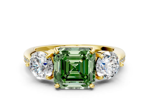 Yellow gold Three-Stone Fancy Green Asscher Cut Diamond Channel Set Engagement Ring with Prong Setting
