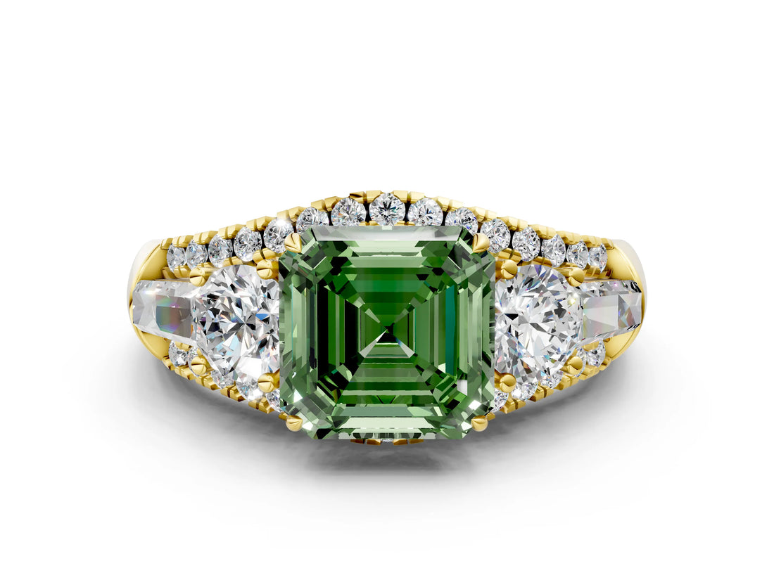 Yellow gold Three-Stone Fancy Green Asscher Cut Diamond Engagement Ring with Pave Band and Prong Setting_12