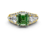 Yellow gold Three-Stone Fancy Green Asscher Cut Diamond Engagement Ring with Pave Band and Prong Setting_12