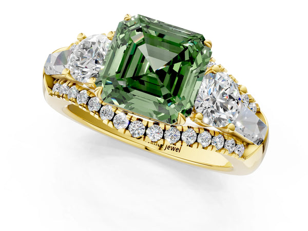 Yellow Gold Asscher Cut Five Stone Baguette Engagement Ring Setting for Fancy Green Center