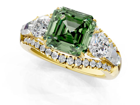 Yellow gold Three-Stone Fancy Green Asscher Cut Diamond Engagement Ring with Pave Band and Prong Setting_1
