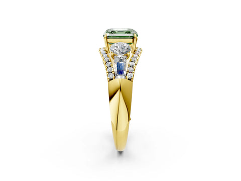 Yellow gold Three-Stone Fancy Green Asscher Cut Diamond Engagement Ring with Pave Band and Prong Setting_2