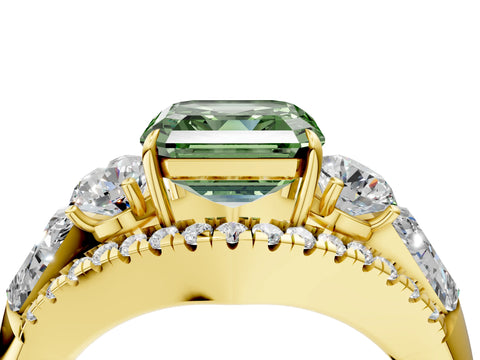Yellow gold Three-Stone Fancy Green Asscher Cut Diamond Engagement Ring with Pave Band and Prong Setting_4
