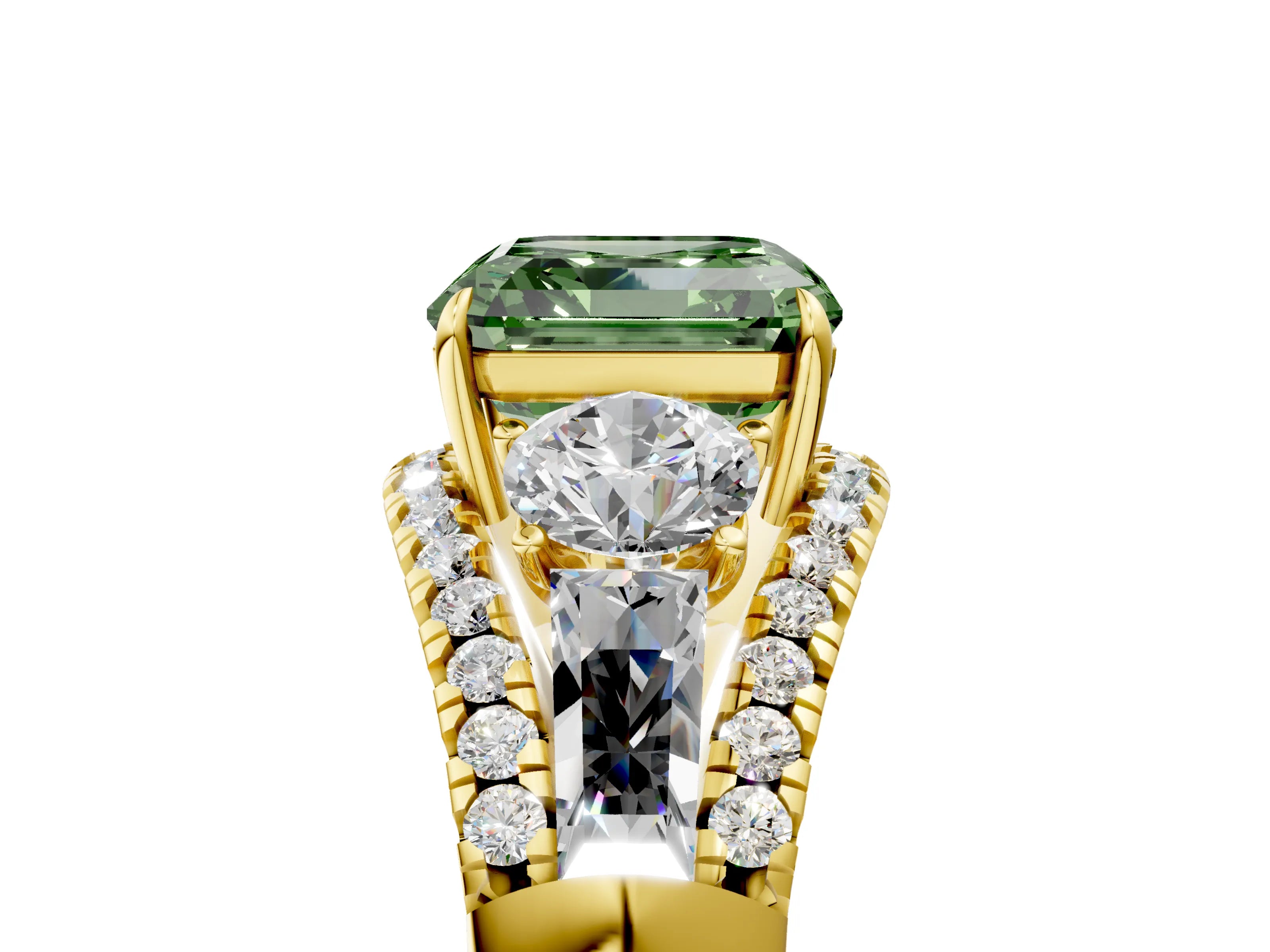Yellow gold Three-Stone Fancy Green Asscher Cut Diamond Engagement Ring with Pave Band and Prong Setting_5