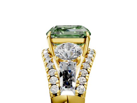 Yellow gold Three-Stone Fancy Green Asscher Cut Diamond Engagement Ring with Pave Band and Prong Setting_5