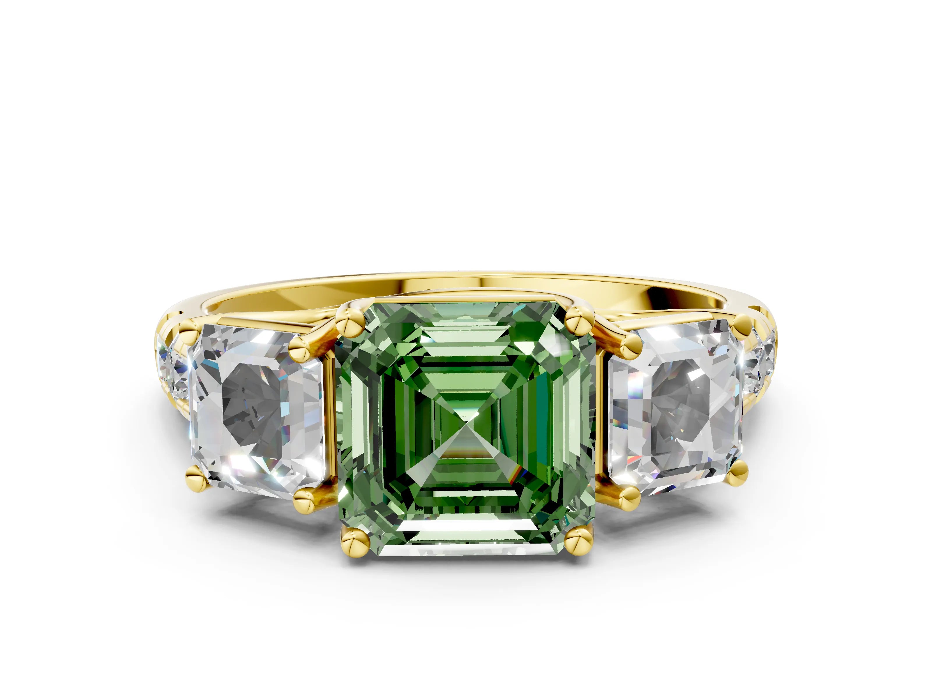 Yellow gold Three-Stone Fancy Green Asscher Cut Diamond Pavé Band with Prong Setting