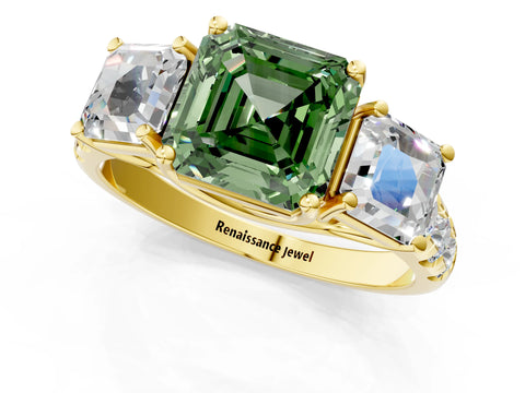 Yellow gold Three-Stone Fancy Green Asscher Cut Diamond Pavé Band with Prong Setting_1