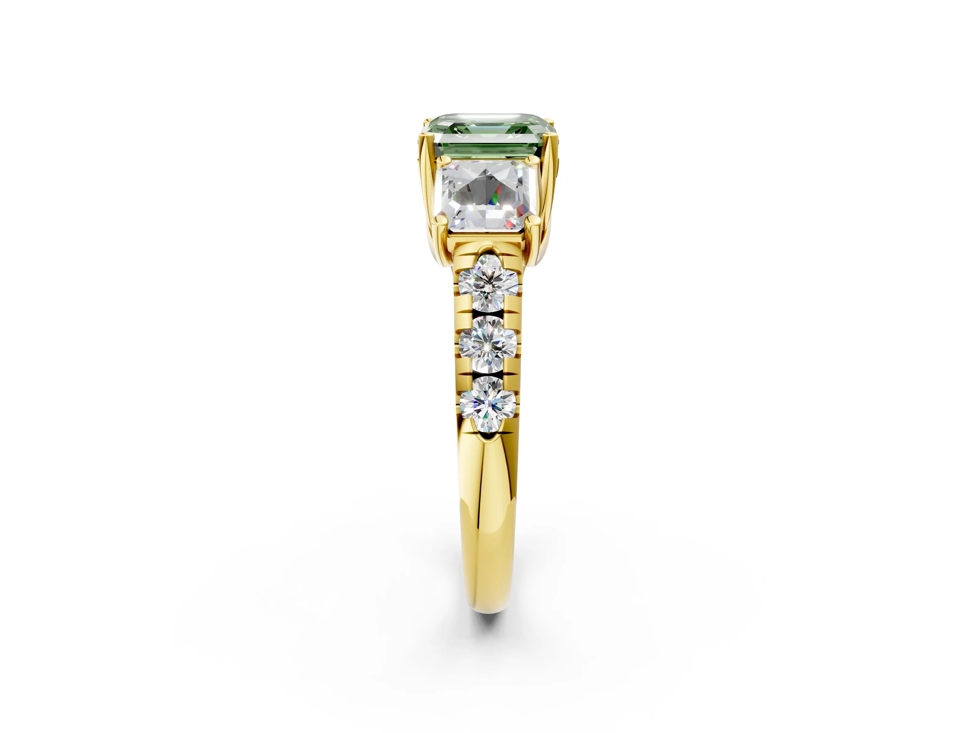 Yellow gold Three-Stone Fancy Green Asscher Cut Diamond Pavé Band with Prong Setting_2