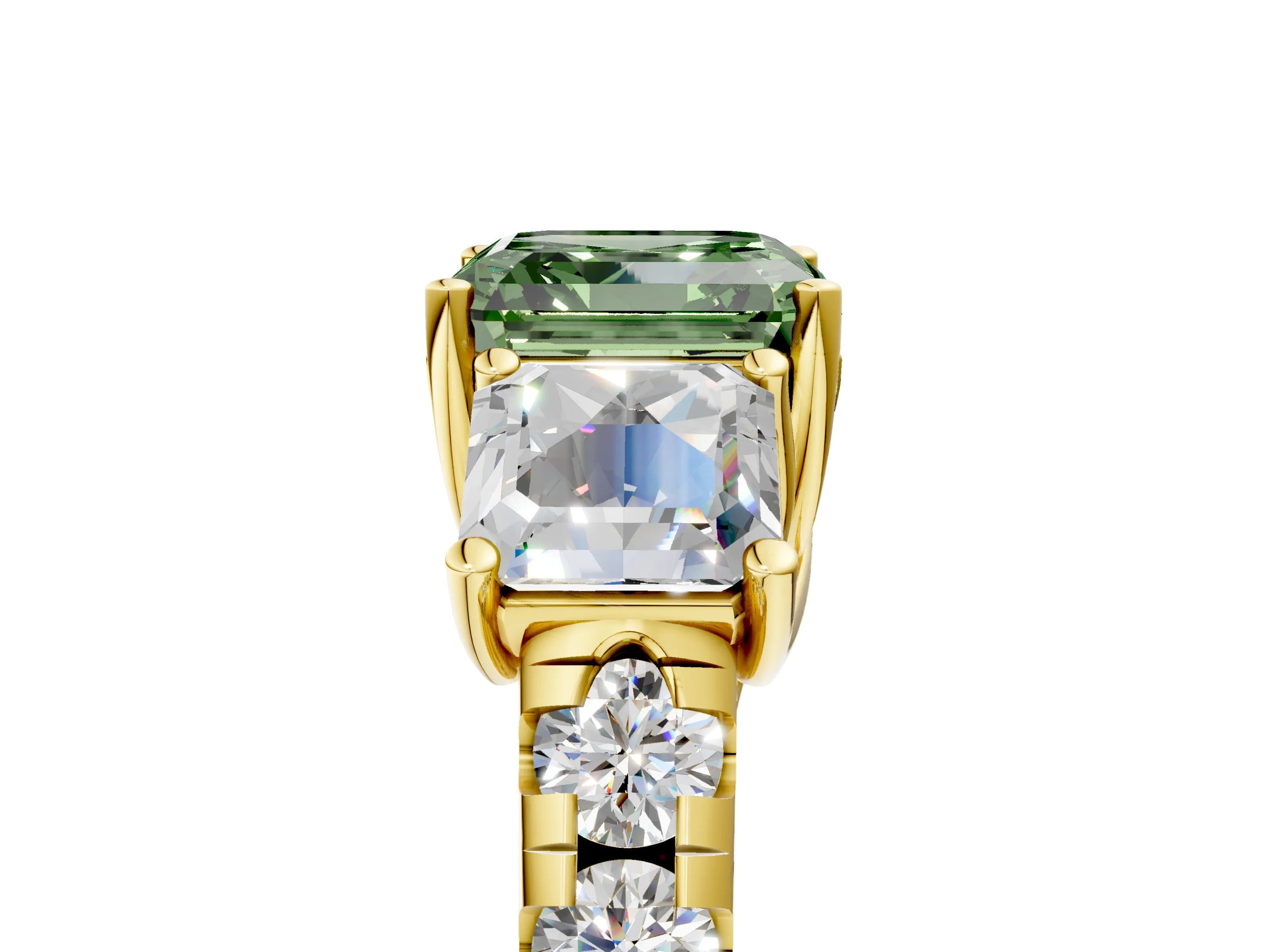 Yellow gold Three-Stone Fancy Green Asscher Cut Diamond Pavé Band with Prong Setting_5