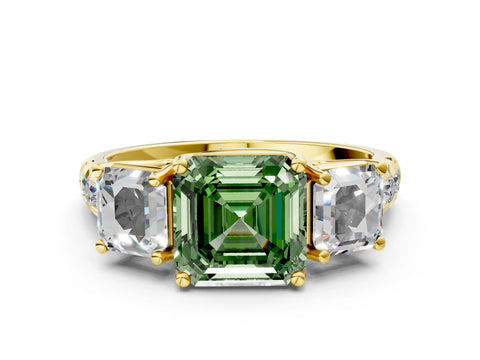Yellow gold Three-Stone Fancy Green Asscher Cut Diamond Pavé Band with Prong Setting