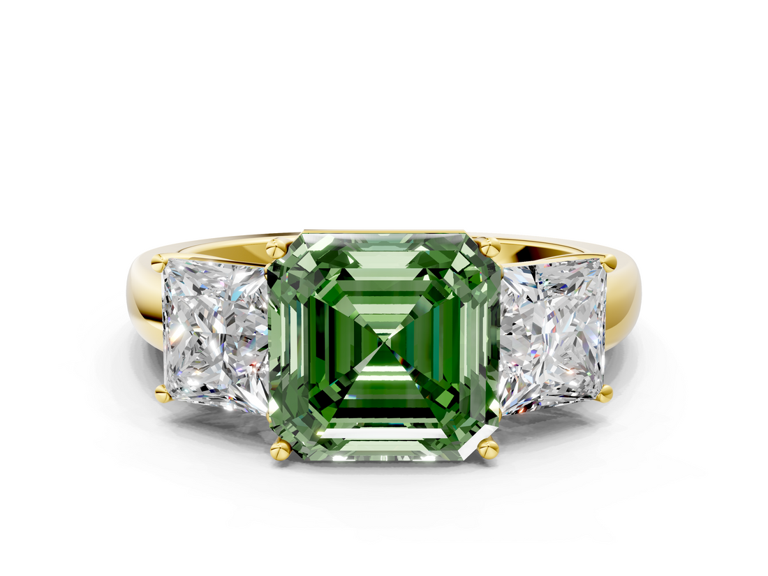 Yellow gold Three-Stone Fancy Green Asscher  Cut Diamond Ring with Channel-Set Band and Four-Prong Setting_17