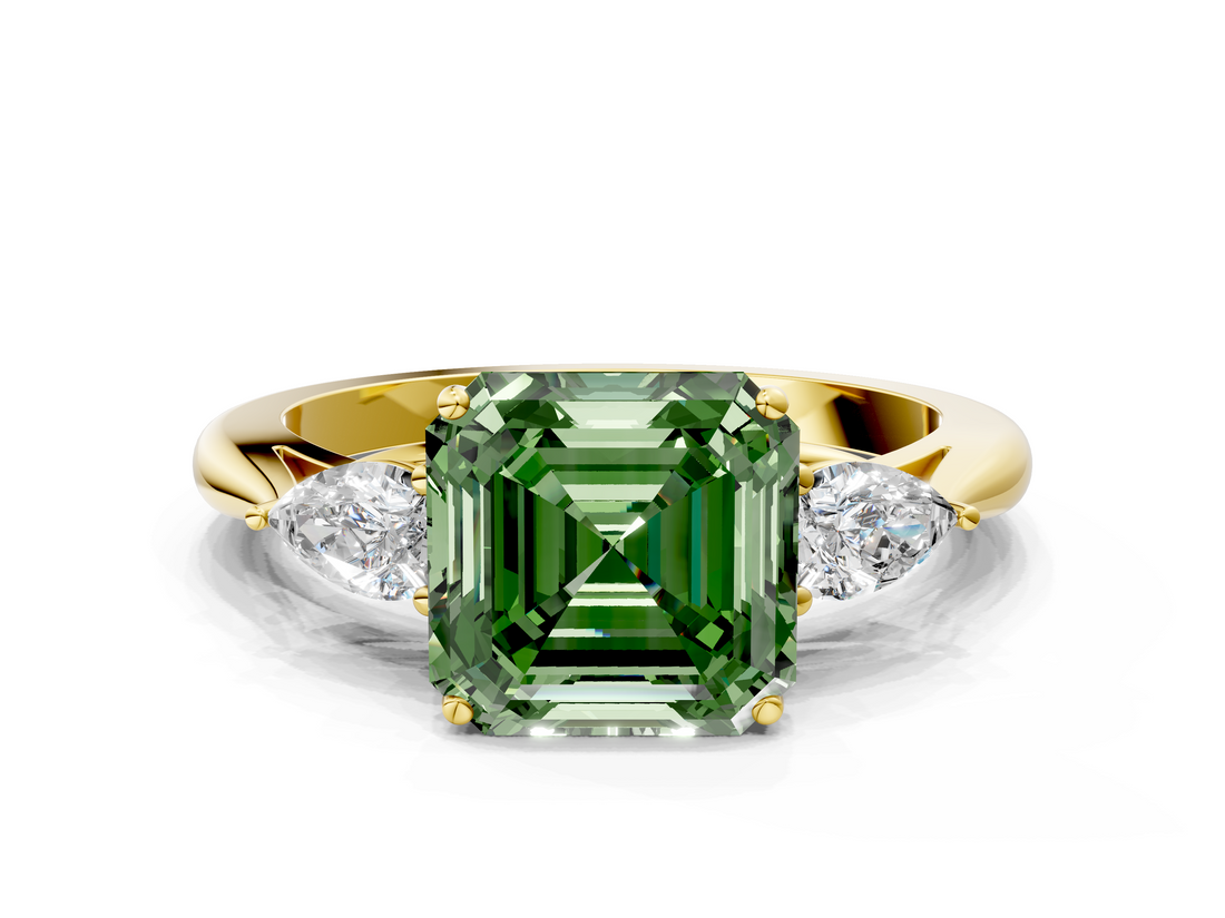 Yellow gold Three-Stone Fancy Green Asscher  Cut Diamond Ring with Pear Side Stones in Four-Prong Setting